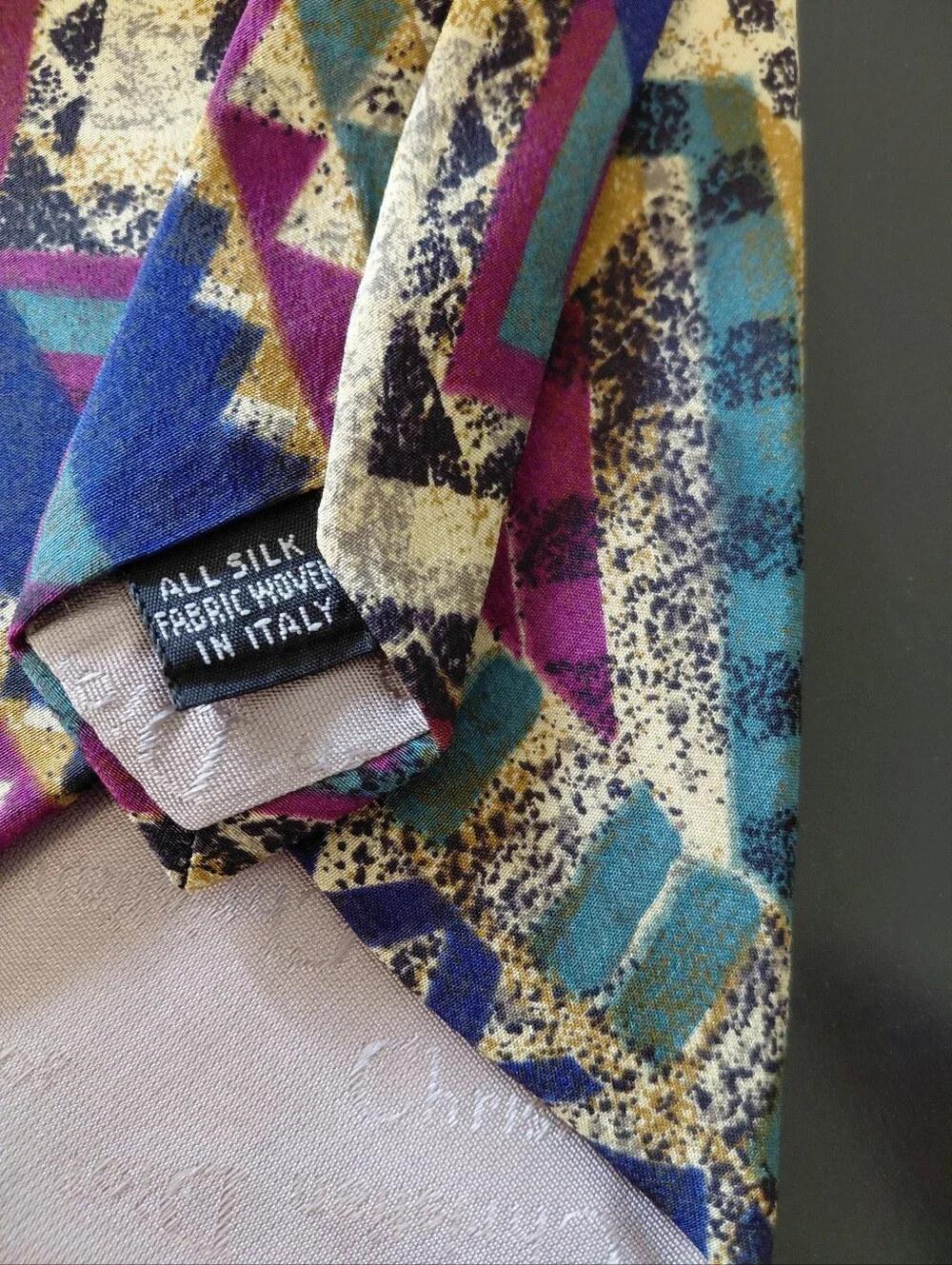 Dior Mens Geometric Purple Teal Gold Patterned Silk Tie